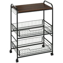 HOMCOM 3-tier Rolling Cart, Slim Kitchen Cart with Wheels, 2 Sliding Baskets, Microwave Cart with Side Hooks for Dining Room, Walnut Wood Tone