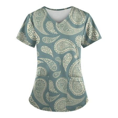 

Sksloeg Womens Scrub Tops Fashion V-Neck Tops Vintage Style Printed Fashion Scrub Clothes Women Scrubs Tops Mint Green XXL
