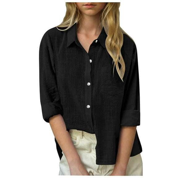 PINQI Girls Button Down Shirts Long Sleeve Dress Linen Shirts Casual Collared Cotton Blouses Oversized Tops with Pockets