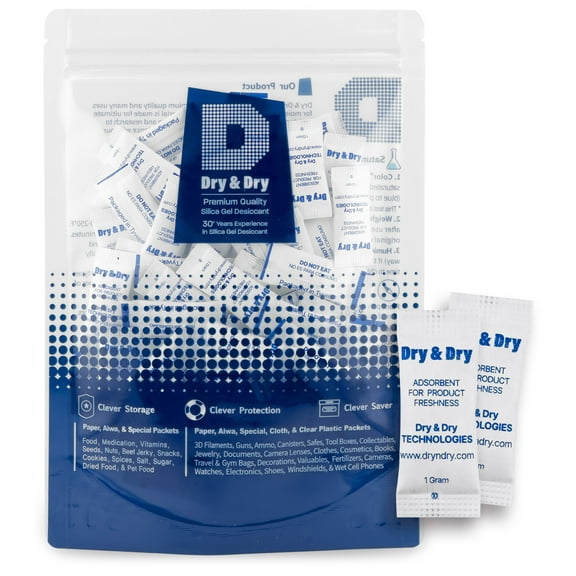 Dry & Dry 1 Gram[50 Packets] Food & Pharmaceutical Safe Silica Gel Packs Desiccants - Rechargeable Tyvek® Silica Gel Packets, Moisture Absorbers, Desiccants Packets, Silica Gel