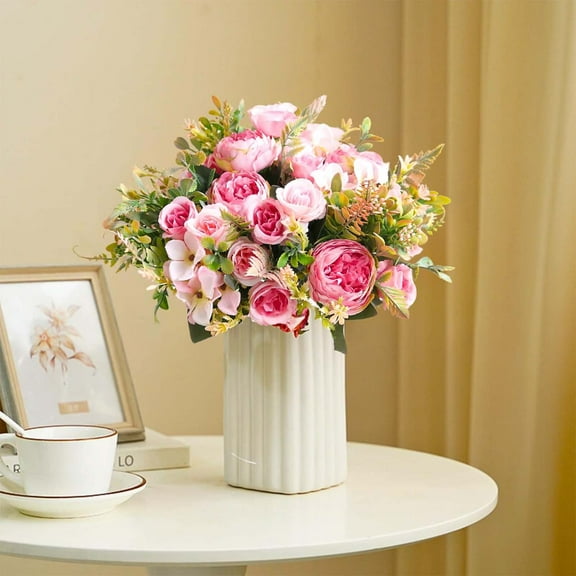 USPEED Peonies Artificial Flowers, Small Silk Flowers for Home Decor Indoor Fake Bouquet Faux Floral Arrangements Dining Table Centerpieces for Kitchen Bridal Wedding Party Decor - 2PCS - Pink