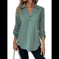 thumbnail image 2 of Blusas de Larga con Cuello en V y Botones para Mujer, Camisas Holgadas de Color Liso para y Otoño. Verde S, 2 of 7