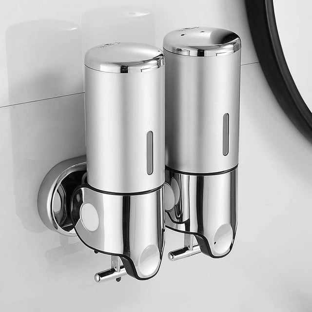 Dispensador de jabón montado en la pared de 500ML x 2, dispensador de jabón de mano de doble cabeza, dispensador de champú de Gel de ducha líquido para cocina, baño, Hotel oso de fresa Electrónica