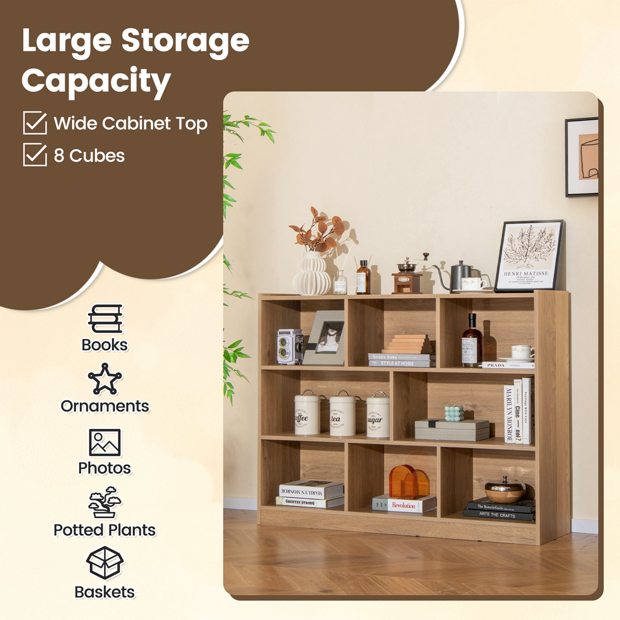 Costway 8 Cube 3-Tier Open Wooden Bookshelf Toy Storage Organizer with Anti-toppling Kits Natural