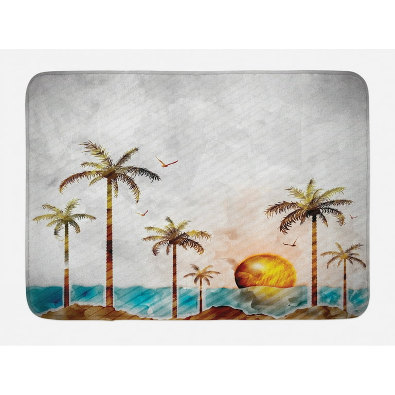 Island Bath Mat, Tropical Landscape in Watercolor Style Palm Trees