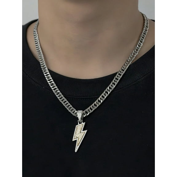 Silver Lightning Bolt Necklace for Men, Micropave Simulated CZ Diamond, Non-Fading Stainless Steel Cuban Link Chain