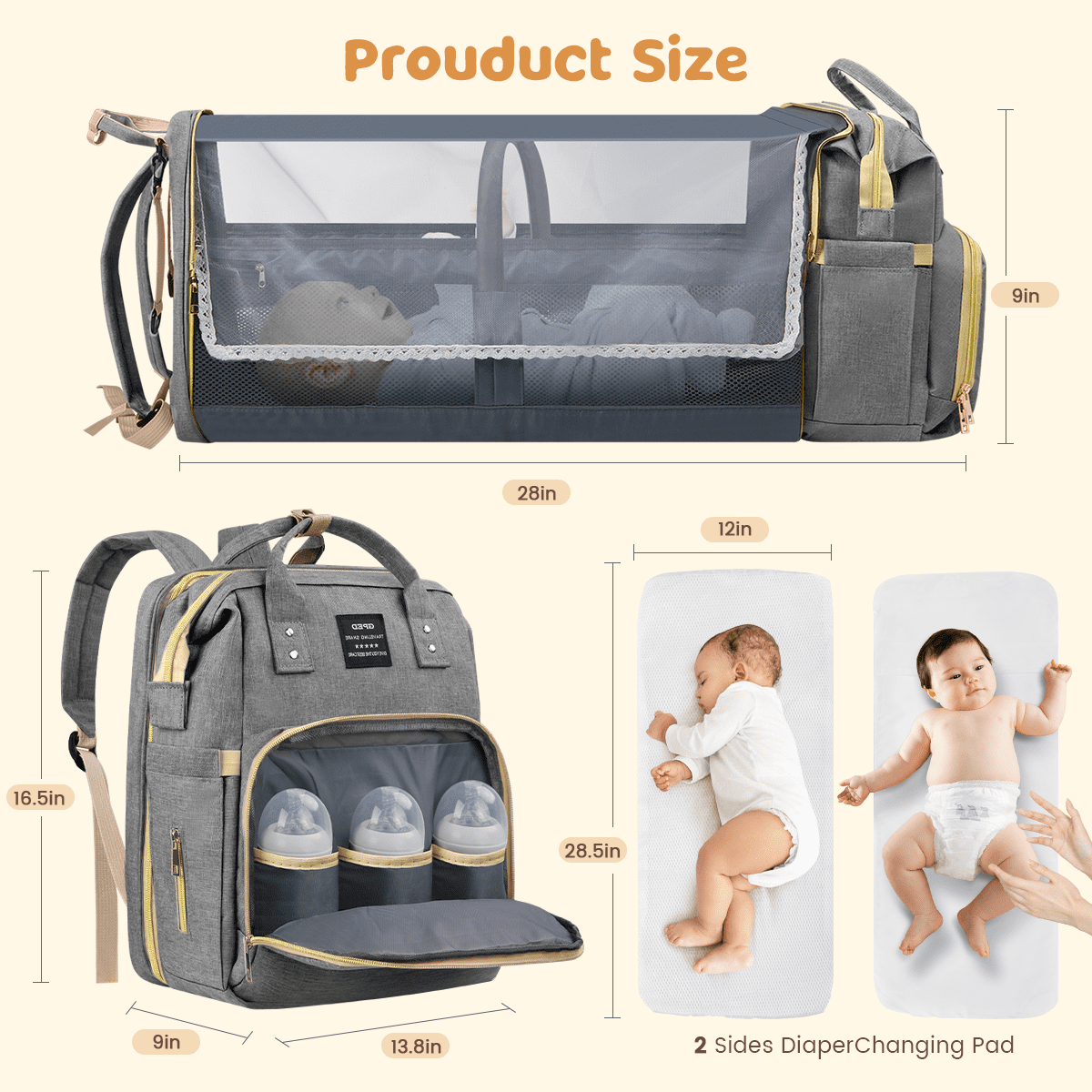 GPED Diaper Bag Backpack, Multifunctional Baby Changing Bag with Foldable Crib & Insulated Milk Bottle Pockets, Large Capacity Portable Travel Backpack with USB Charging Port for Moms Dads(Gray)