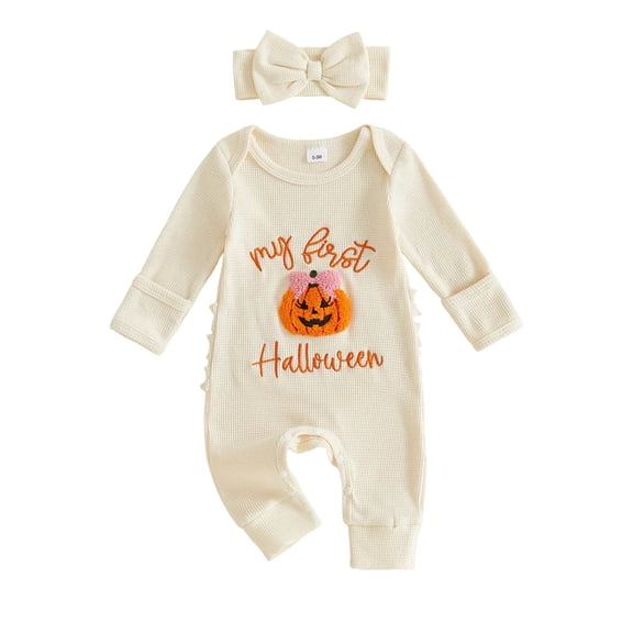 Mnyotv Halloween Embroidery Jumpsuit with Headbands Fall Winter Clothes Infants Baby Girls Outfits Size 0-3Months
