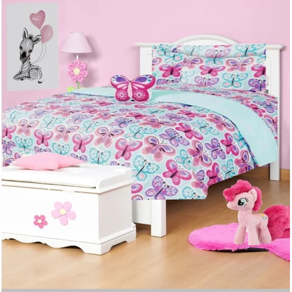 Bedding Set Twin 6pc Butterfly Aqua Blue Complete Bed in Bag Comforter with Plushie Toy Friend Matching Sheet Set.