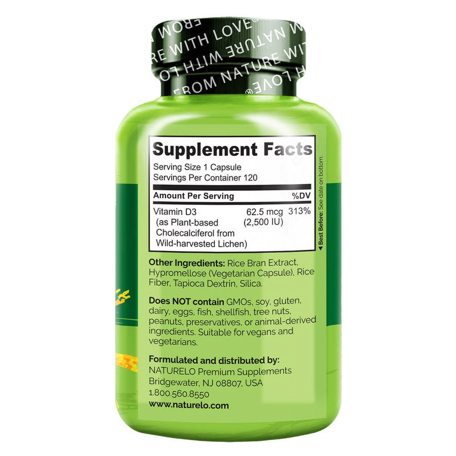 NATURELO Vitamin D, Vegan Plant-Based D3 Supplement, 2500 IU, Non