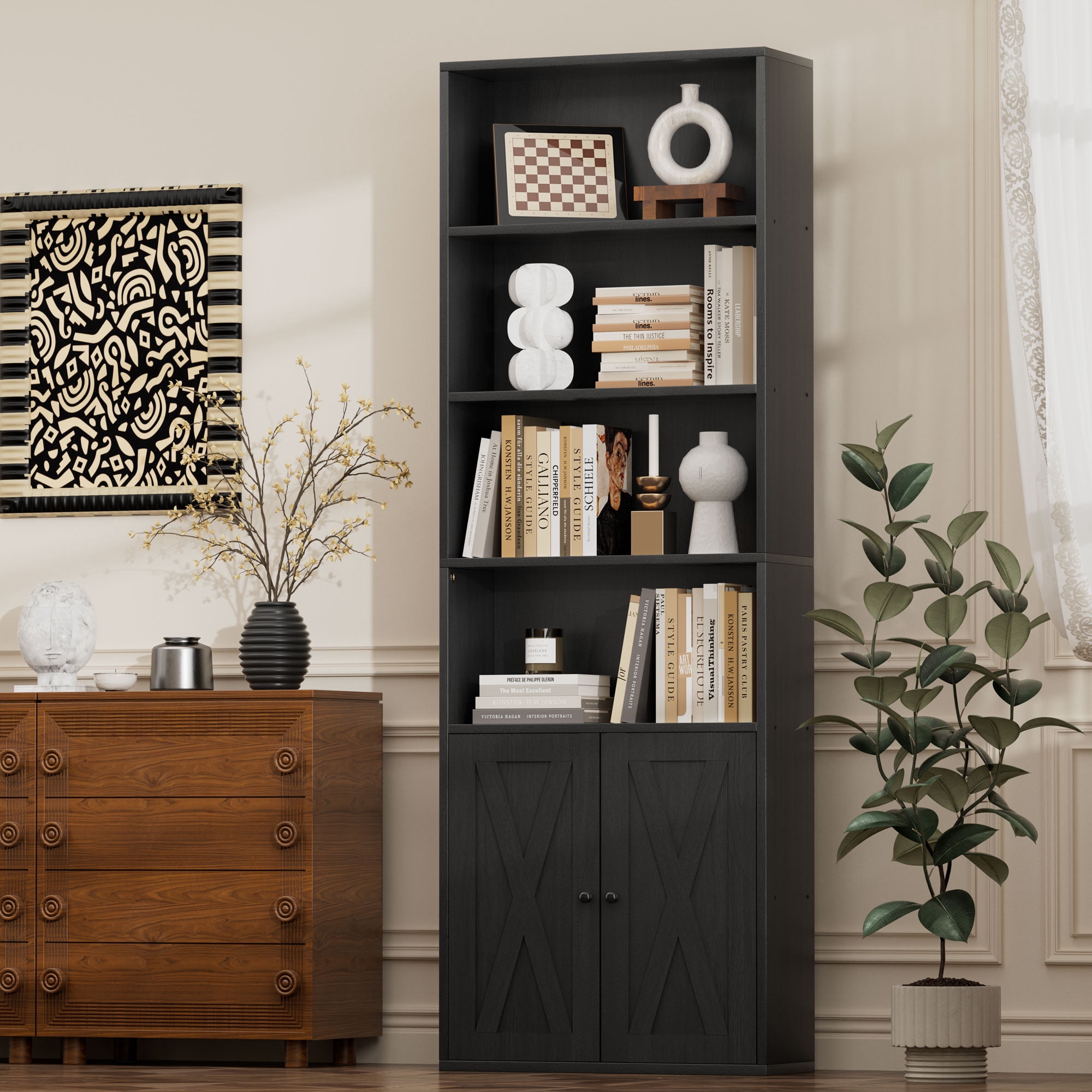 Walsunny 2PCS Bookcase with Doors, 6-Tier Bookshelf with Storage, Farmhouse Bookshelves with Cabinet, Storage Display Shelf for Living Room Home Office, Black