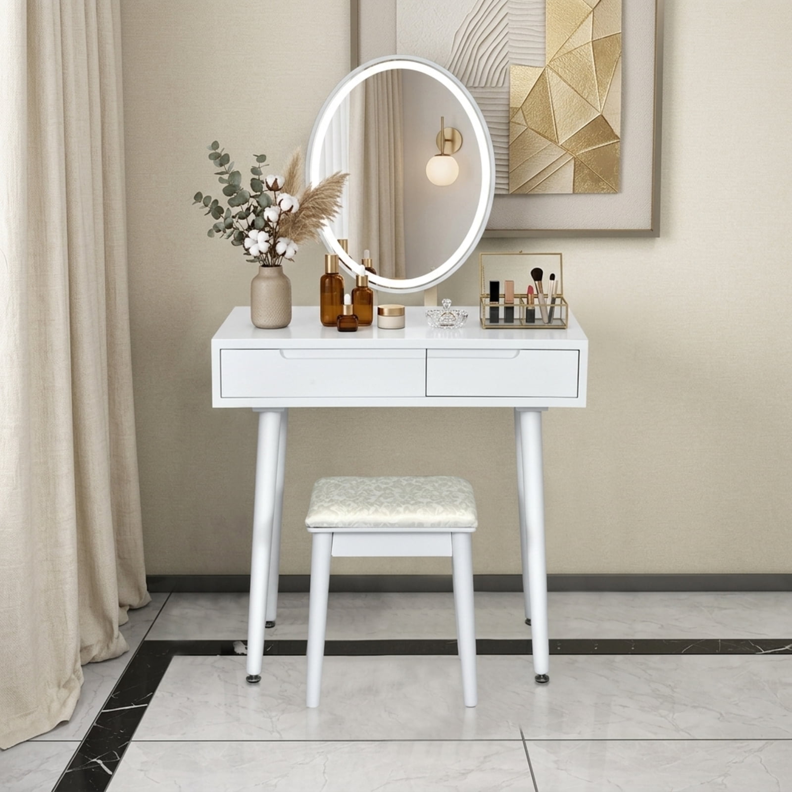 Furnibear Touch Screen Vanity Makeup Table Stool Set with Lighted Mirror for Bedroom Makeup Dressing Room Vanity Desk Mirror Set, White