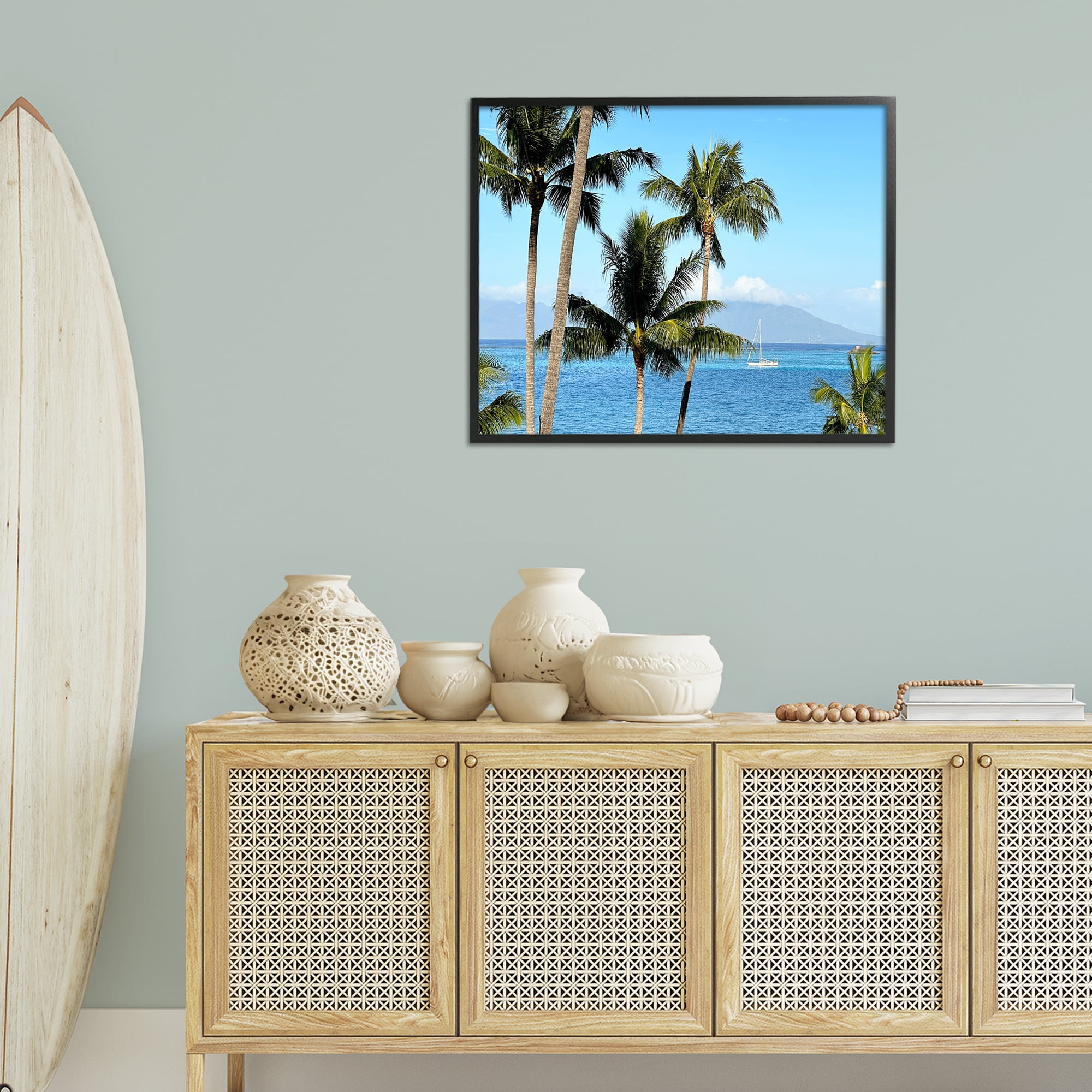 Stupell Industries Palm Trees & Sailboat Landscape Photography Black Framed Art Print Wall Art, 30 x 24