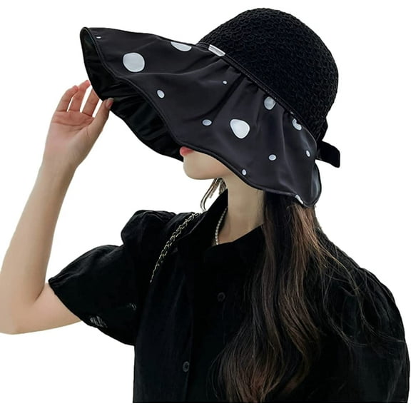 CoCopeaunt Wide Brim Sun Hat Women UV Protection Bucker Hat Chic Dots Soft Foldable Ponytail Cap Visors Beach Outdoor Summer
