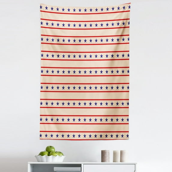 Prehistoric Country Tapestry, Horizontal Borders Patriotic Stars Nostalgic Design Pattern, Fabric Wall Hanging Decor for Bedroom Living Room Dorm, 5 Sizes, Navy Blue Cream Red, by Ambesonne