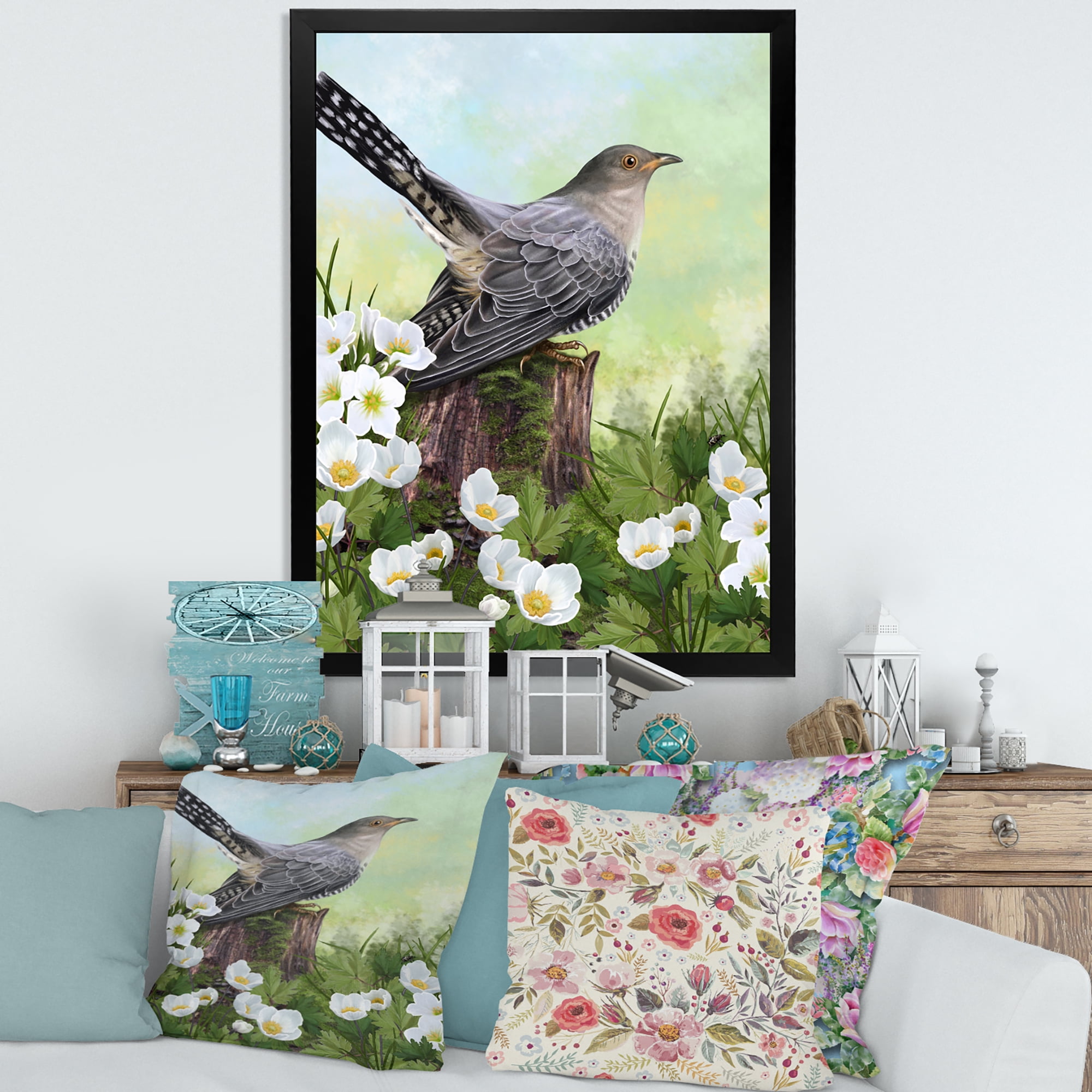Designart 'Cuckoo Bird On An Old Stump and White Flowers' Traditional Framed Art Print
