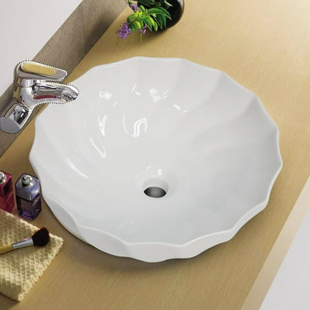 Kinbor Round Flower Design Bathroom Porcelain Ceramic Vessel Sink Vanity Basin Bowl Above Counter White Art Basin