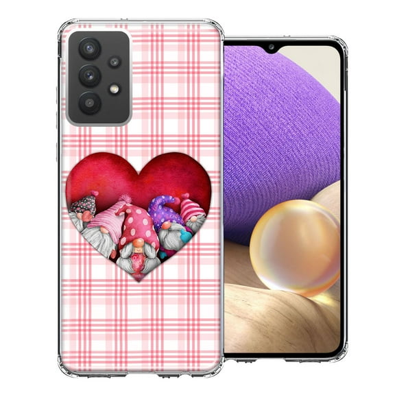 MUNDAZE for Samsung Galaxy A32 Valentine's Day Garden Gnomes Heart Love Pink Plaid Double Layer Phone Case Cover