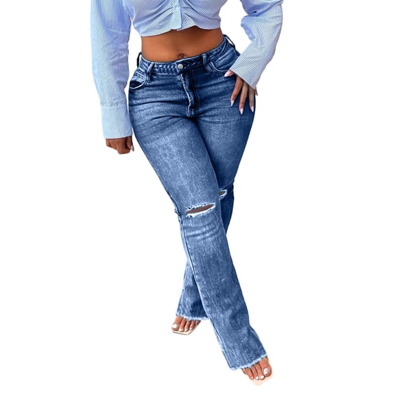 cocolona Womens Summer Casual Hole Flare Jeans Button Zipper Waist Stretch Wide Leg Denim Pants with Pockets