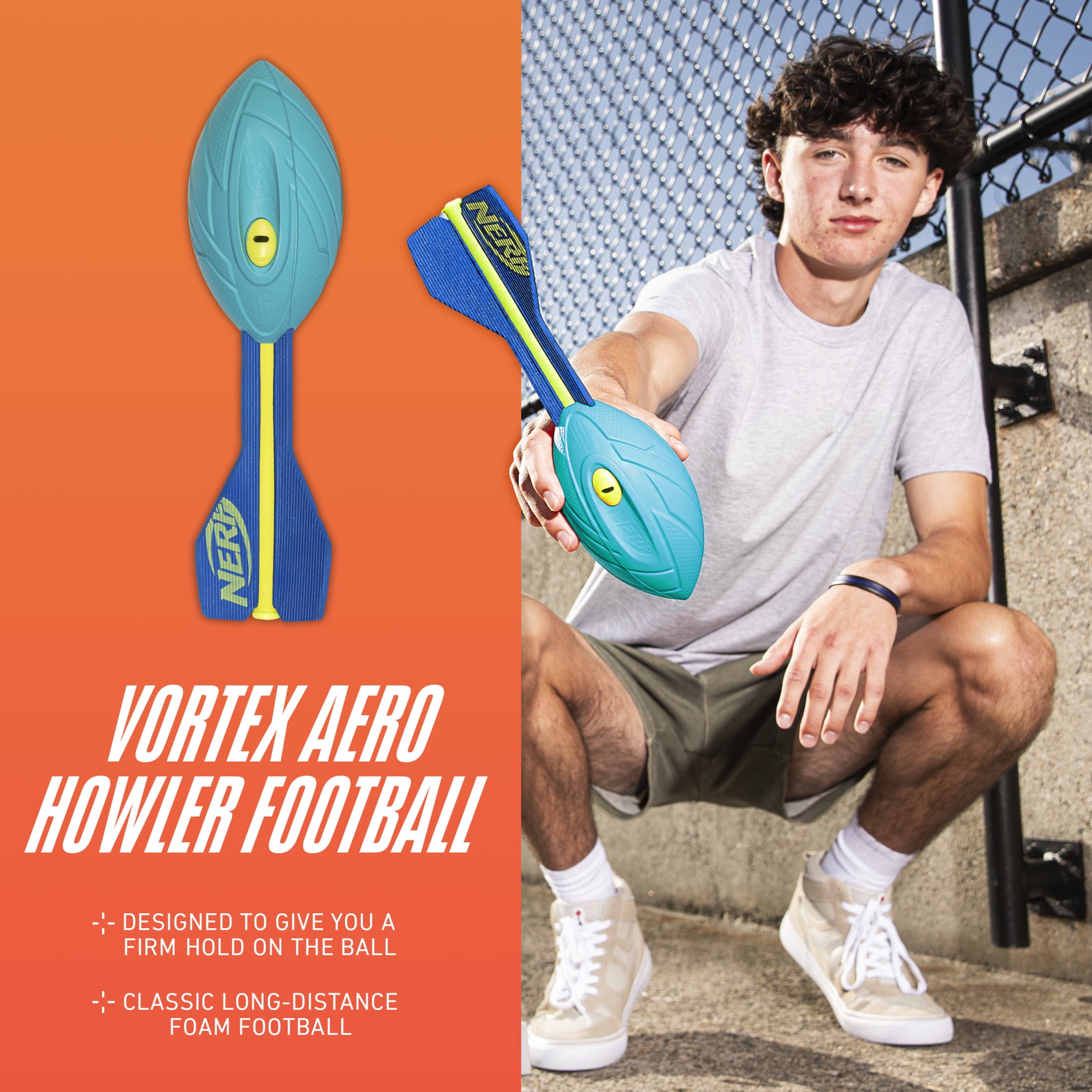 NERF Neon Vortex Aero Howler Foam Football - NERF Soft Vortex Football for Long-Distance Throws - Perfect for Pool + Beach Football - Kids Aero Howler Whistle Vortex Foam Ball - Neon