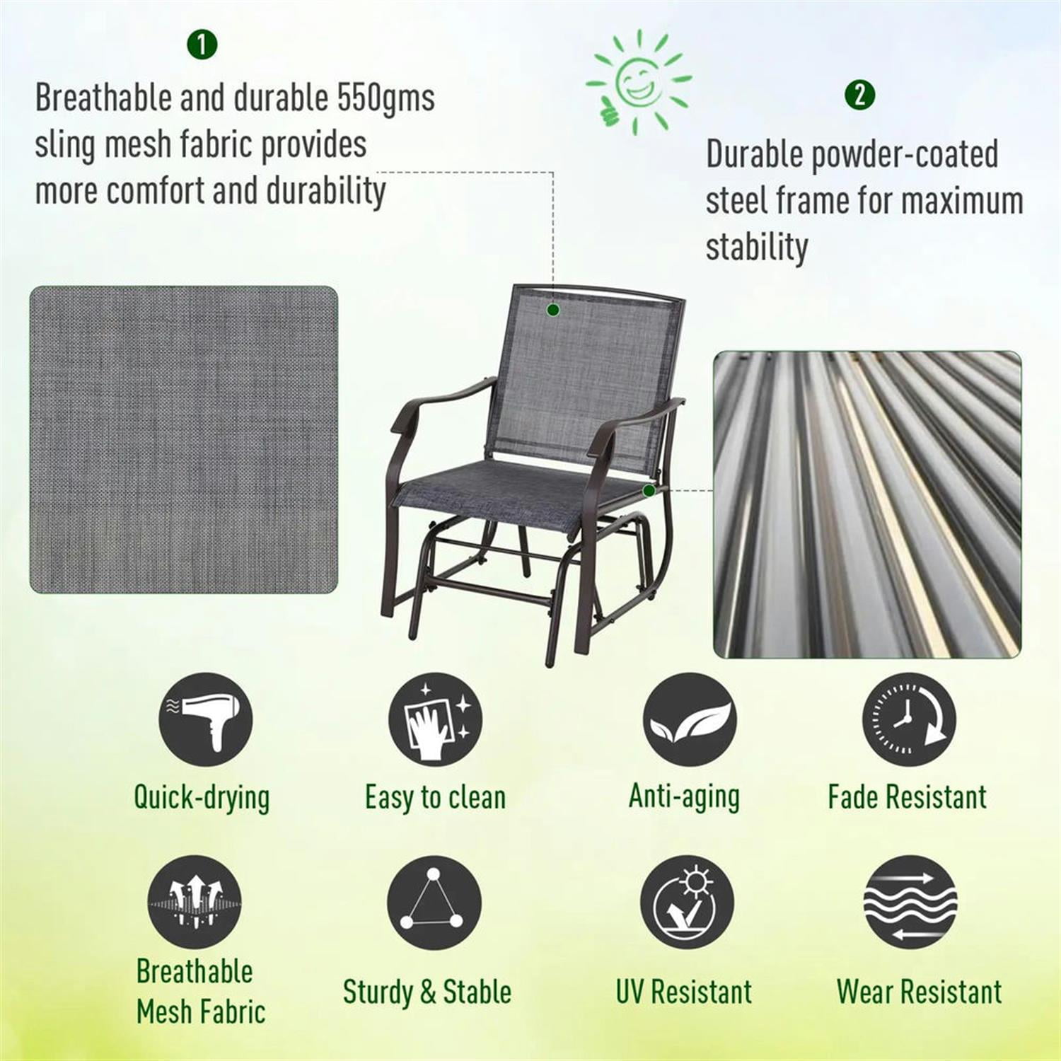 Demi Bonn 3-Piece Outdoor Glider Set with 2 Rocking Chairs, Breathable Sling Fabric, Glass Table, Ideal for Backyard, Garden, Porch, Gray