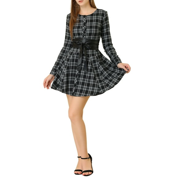 Allegra K Women's Plaids Print Long Sleeves Belted A-Line Shirt Dress