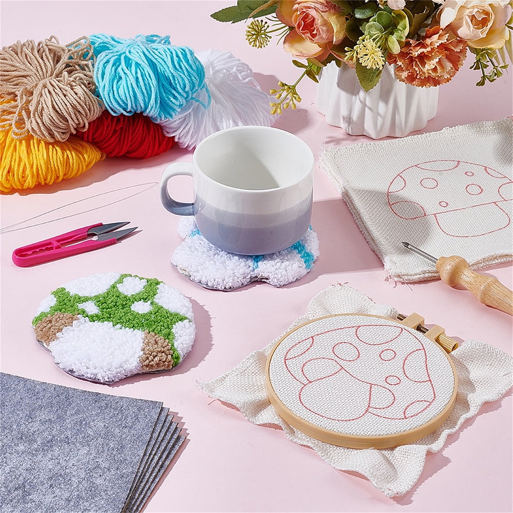 8Pcs 8 Styles DIY Polyester Coaster Punch Embroidery Starter Kits Including Threads Mushroom 116~117x115~118mm 1pc/style