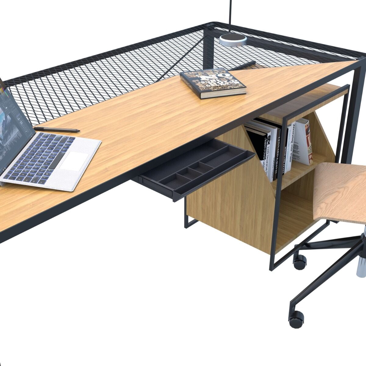 Rok Hardware Pull Out Undermount Pencil Drawer with 5 Compartments and Matching Black Ball Bearing Slides, Under Desk Pencil Drawer Organizer with Height Adjustable Bracket