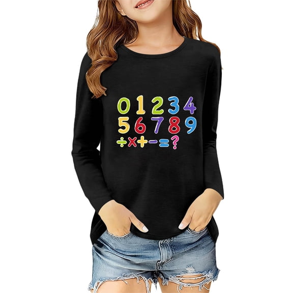 WOYY Girls Casual Long Sleeve T Shirt Digital Print Loose Fit Crew Neck T Shirt, Sizes 3-14