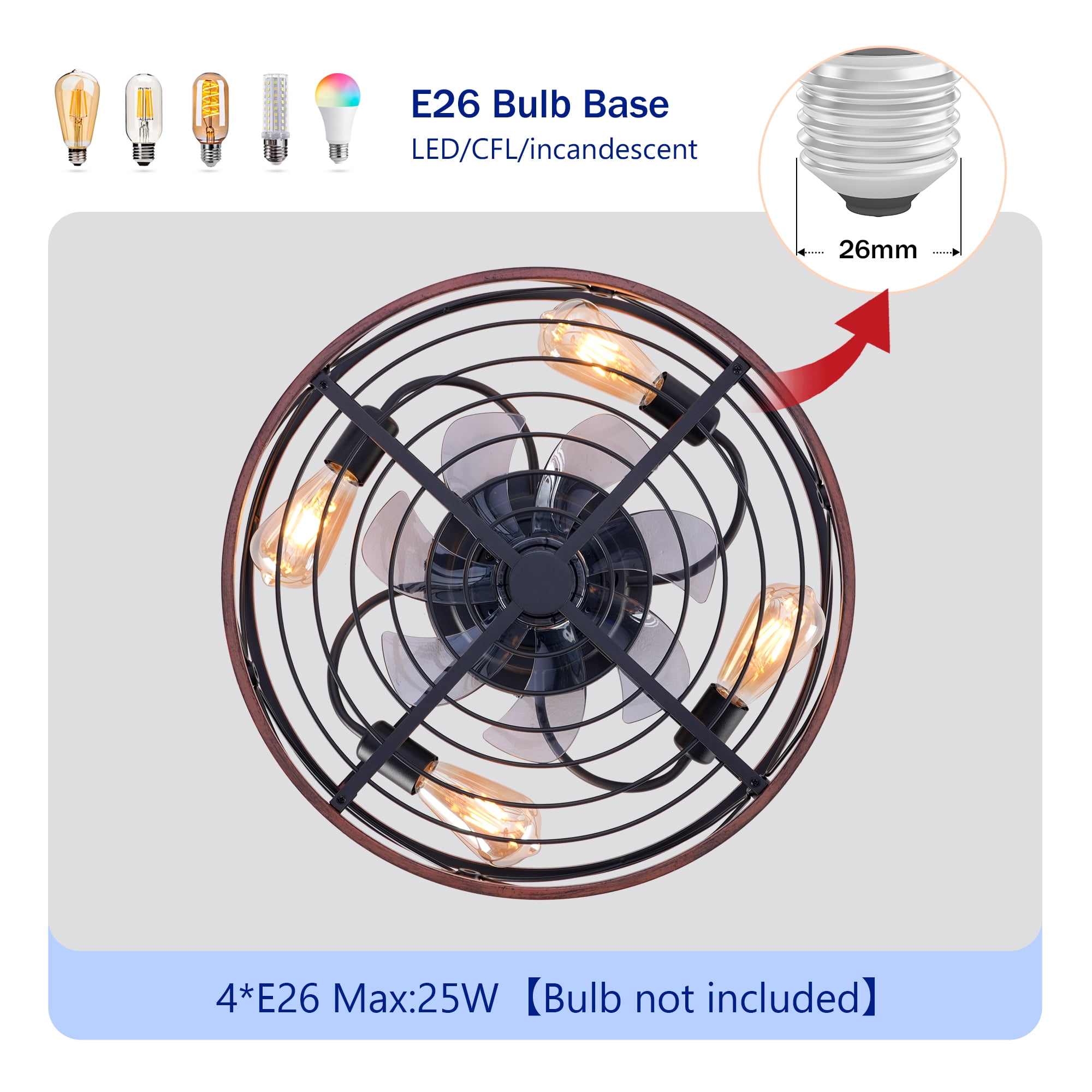 Leumius 20" Caged Ceiling Fan with Lights and Remote Control ,Reversible Motor, DC Remote Control,6 Speed Ceiling Fan for Living Room Bedroom Dining Room (NOT Included Bulbs)