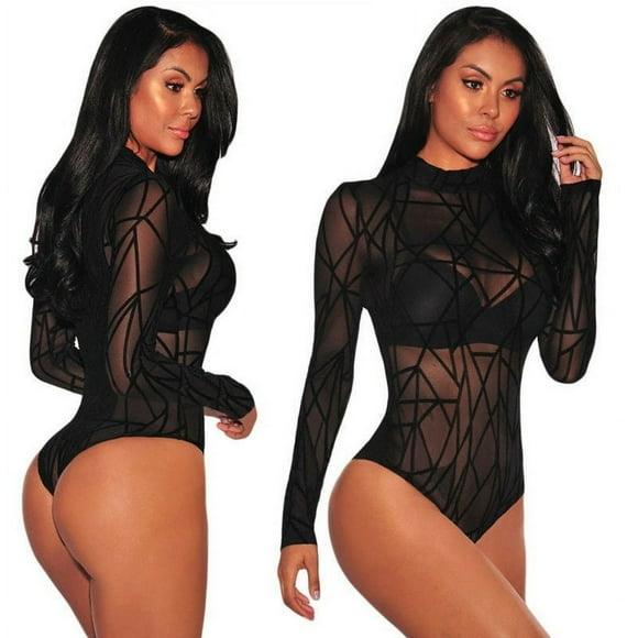 Women Sheer Mesh Lace Bodysuits See through Long Sleeve Bodysuit
