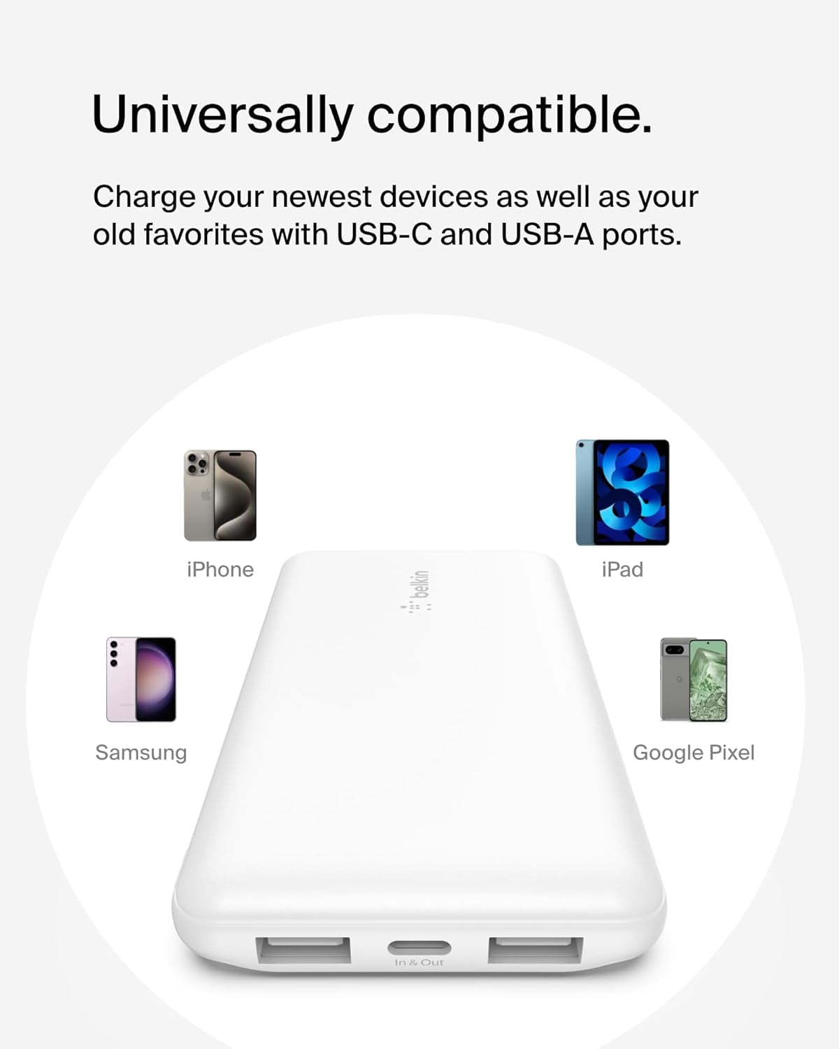 Belkin Portable Charger, USB-C Power Bank 10k w/ 1 USB-C Port and 2 USB-A Ports with USB-A to USB-C Cable for iPhone 16, 16 Plus, 16 Pro, 16 Pro Max, Samsung Galaxy S24, & More - White