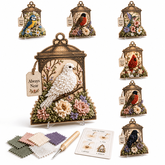 Always Near 3D Fabric Poke Art Memory Lantern Kit, No-Sew Bird Memorial Craft Kit with Poke Tool and Guided Pattern for Adults, Bookshelf Mantel and Home Decor