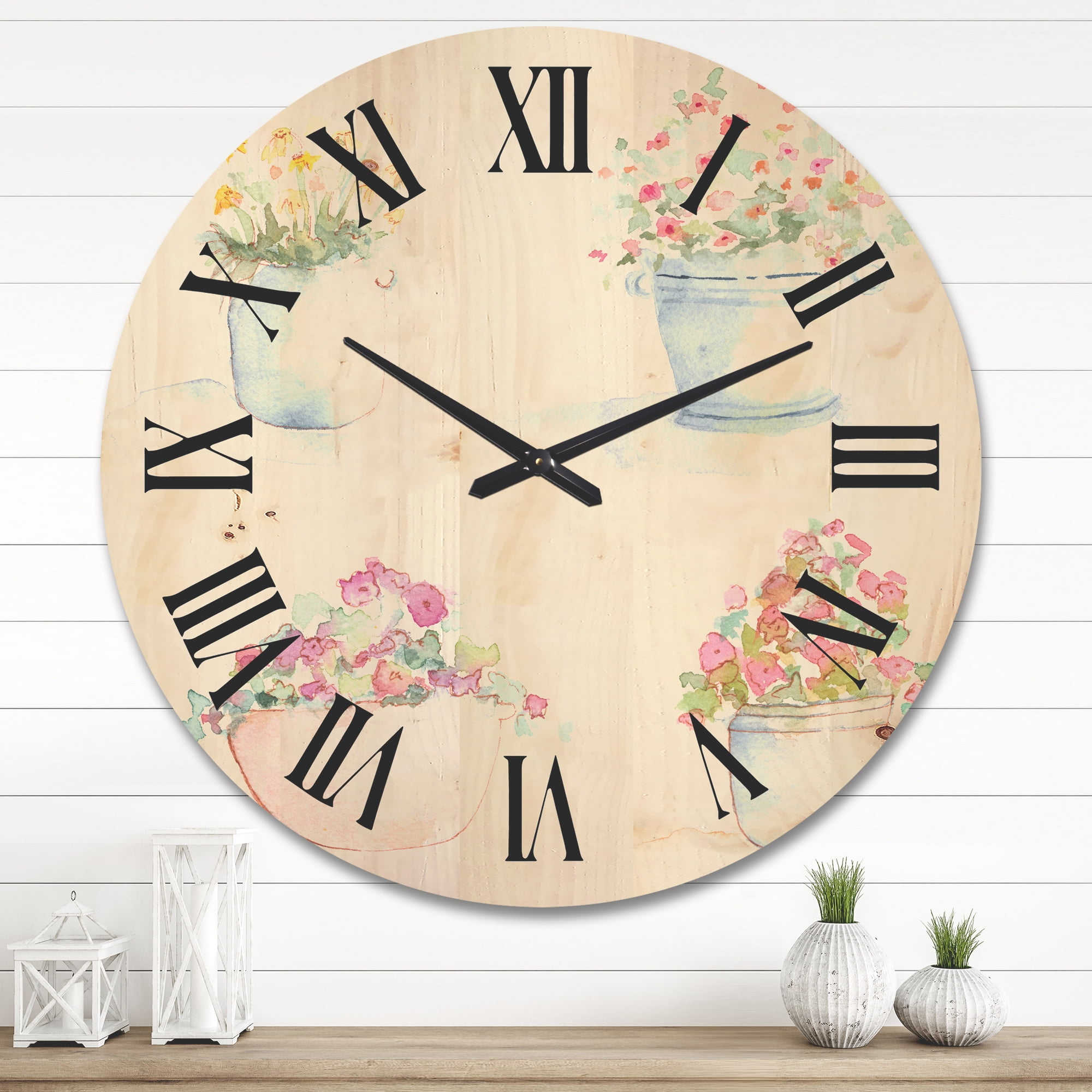 Designart 'Abstract Four Outdoor Flower Pots' Traditional Wood Wall Clock