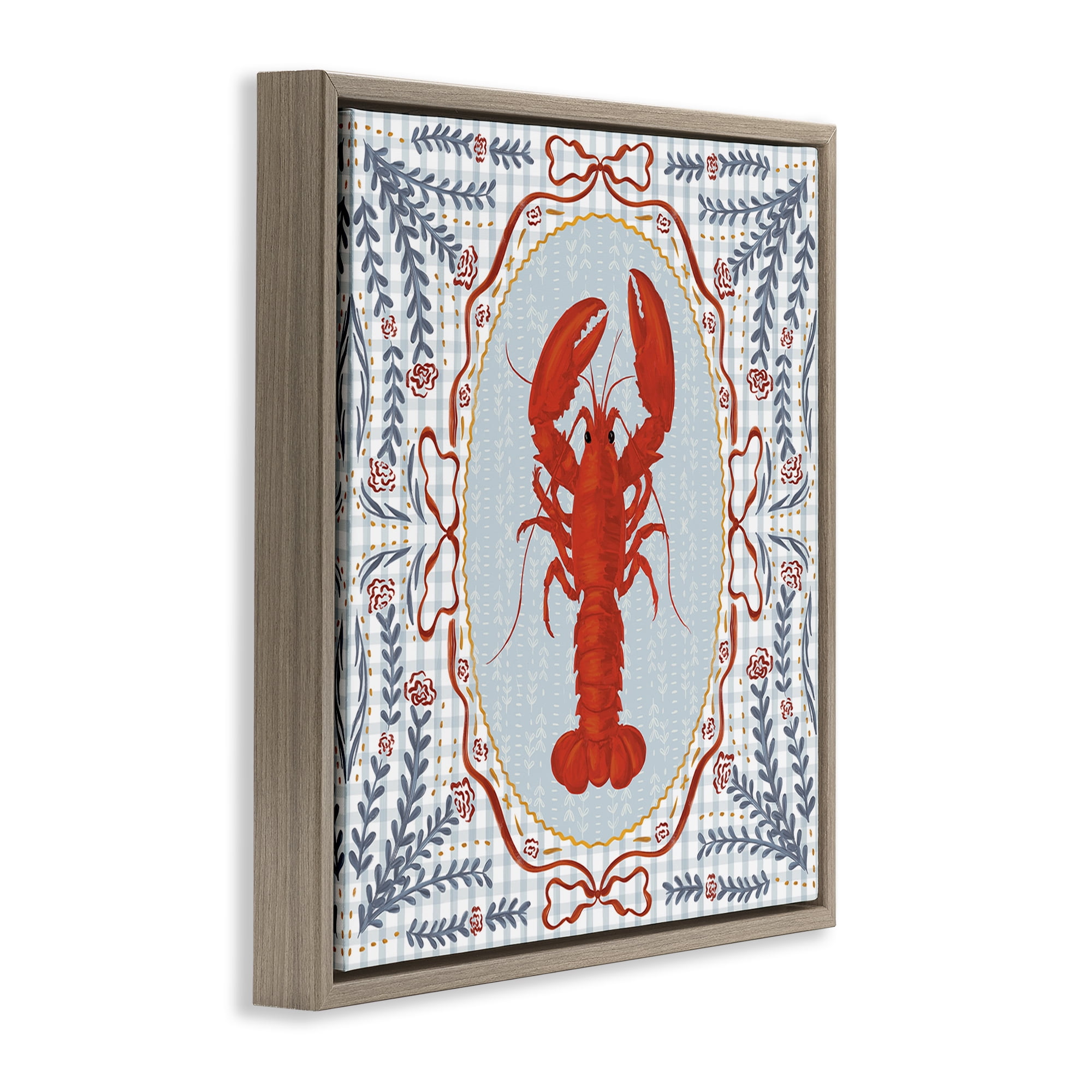 Stupell Industries Lobster Portrait Blue Gingham Brown Framed Floater Canvas Wall Art, design by Vero Illustrates