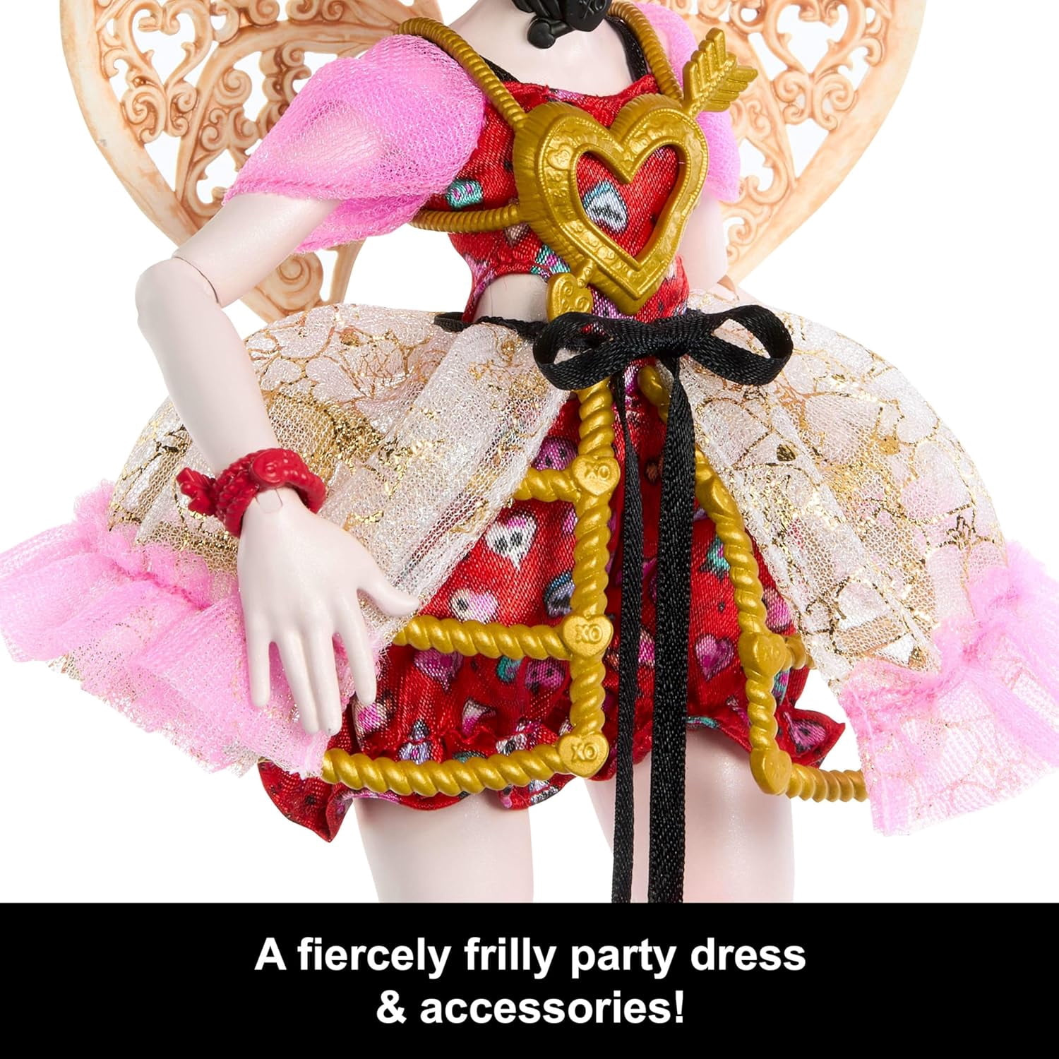 Monster---High Scary Sweet Birthday Doll, Cupid Asteria in Pink and Red Party Dress with Themed Accessories Like Invite, Balloon, Gift and More