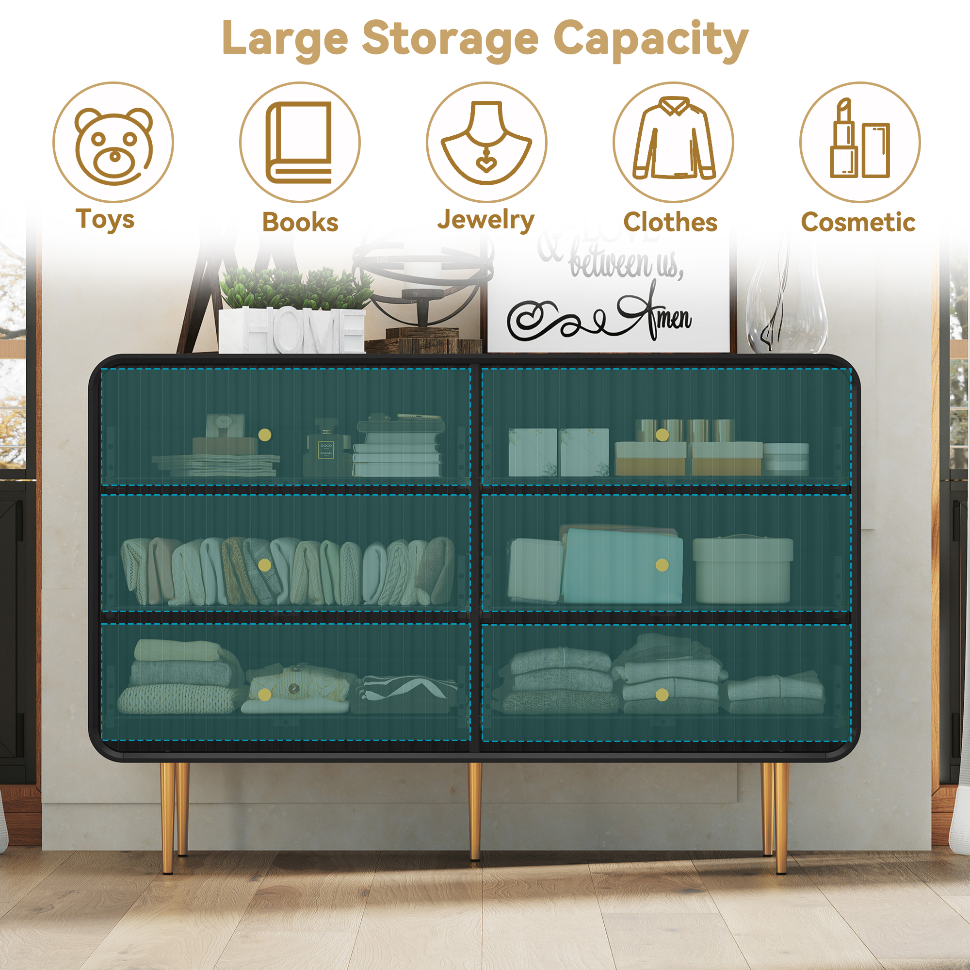 HLR 6 Drawers Dresser for Bedroom, 54'' W Modern Fluted Storage Chest of Drawers for Hallway, Black
