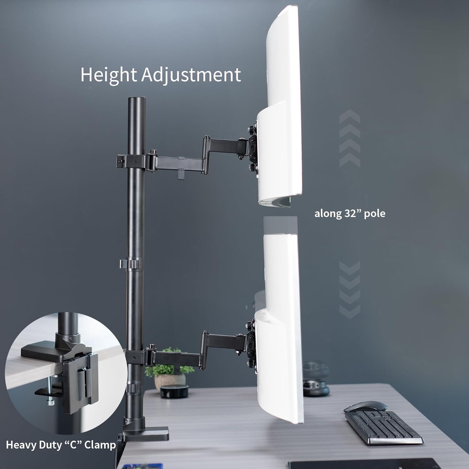 Dual Vertically Stacked Ultra-Wide Monitor Desk Mount with Extension Arms,  Tall Heavy Duty Adjustable Stand for 2 Ultrawide Screens  to 43 inches, 50 lbs Capacity, Black, STAND-V202T