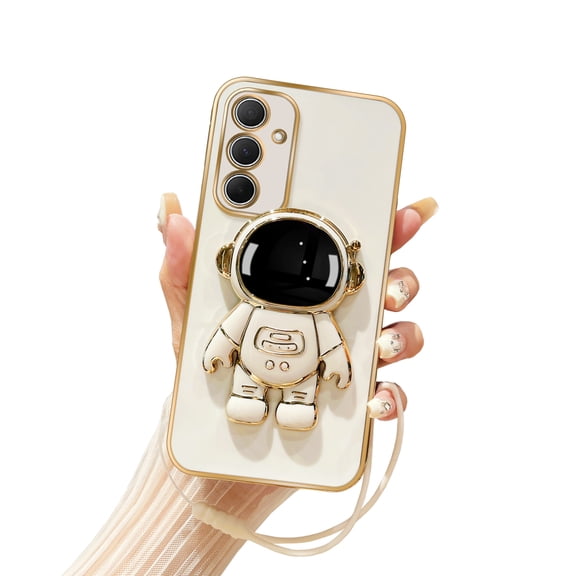 Annyojo Case for Galaxy A35 5G 2024 with 6D Astronaut Hidden Stand Holder Case Cover for Samsung A35 Phone Case with Lanyard Strap Soft Shockproof Cover - White