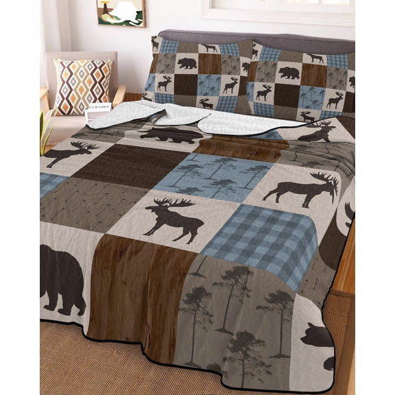 Blue Checkered Cabin Full Size Down Alternative Comforter,Lightweight Comforter Quilt Bedding Set with Pillow Shams Farmhouse Forest Brown Buffalo Plaid All Seasons Bed Comforter Duvet Insert 78"x90"