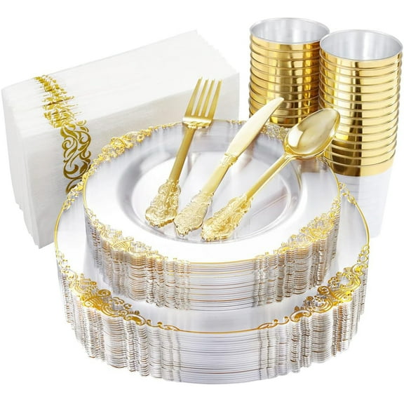 350Pcs Multi-Use Clear and Gold Plastic Dinnerware
