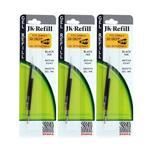 Zebra JK-Refll G301 Retractable Ballpoint Pen Refills, 0.7mm, Medium Point, Black Ink, Pack of 6