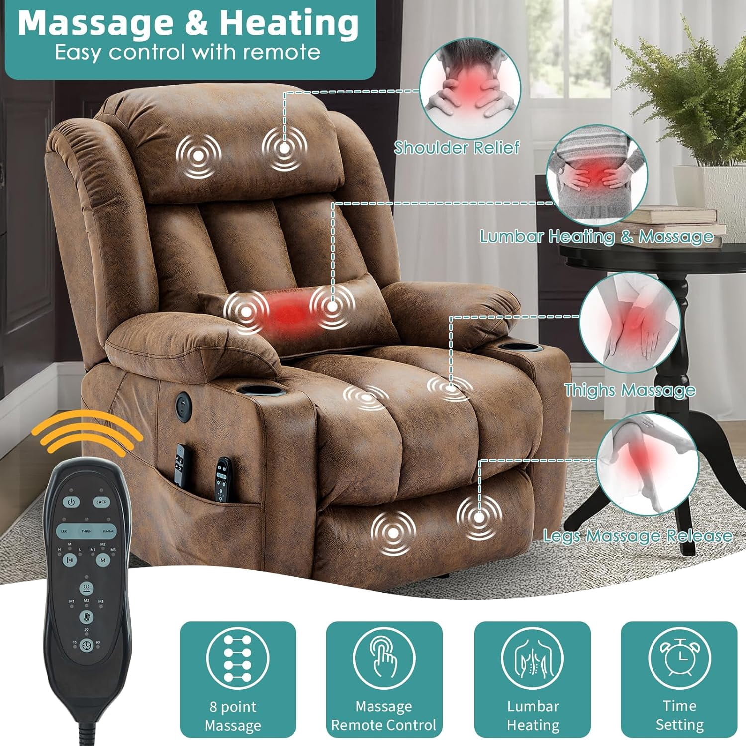 MEETWARM Oversized Dual Motor Lay Flat Power Lift Recliner Chair for Big Elderly with Heat Massage, Large Sleeping Electric Recliner with Extended Footrest, Lumbar Pillow, USB & Type-C Ports, Brown