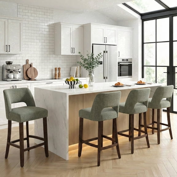 VKNOW Bar Stools Set of 4, 26" Upholstered Counter Height Bar Stools, Modern Counter Stools with Wood Legs for Kitchen Island Dining Room Bar,Green
