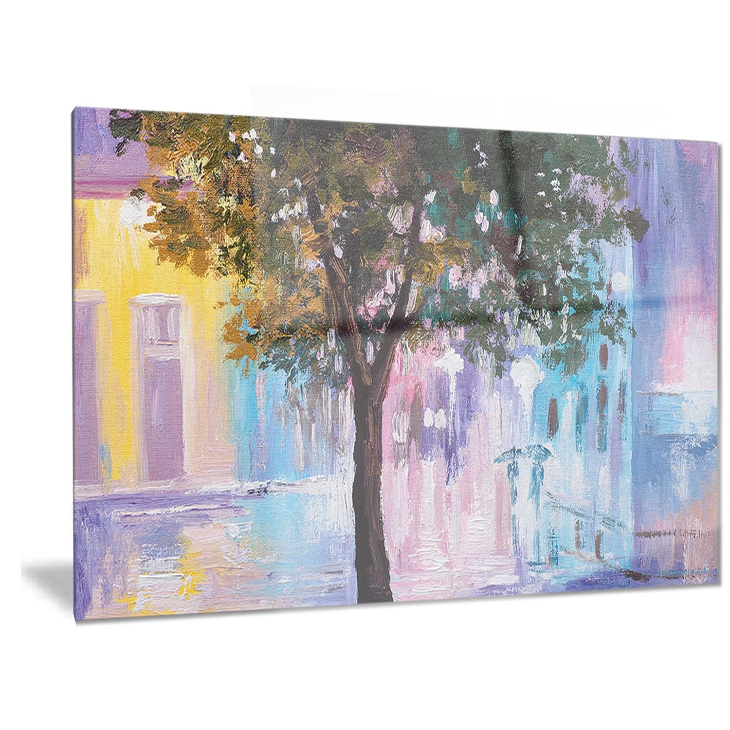 Design Art Couple Walking in Rain Landscape Metal Wall Art