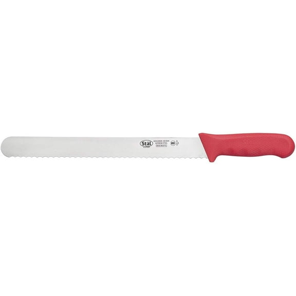 Winco KWP-121R Stl Stamped Cutlery Wavy-Edge Slicer Bread Knife 12" Stainless Steel Blade, Red Plastic Handle