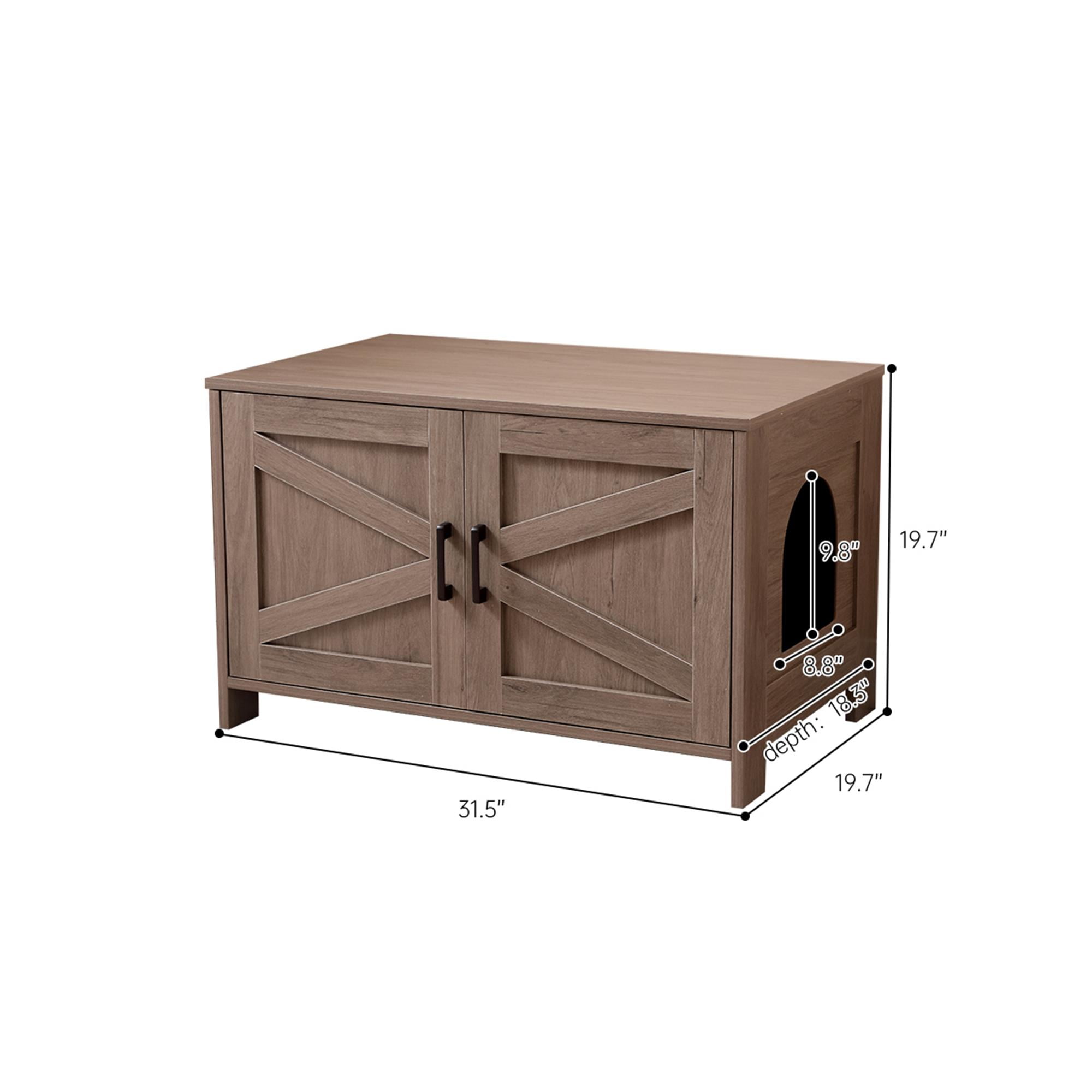 Kadyn 31" Hidden Cat Litter Box Enclosure Furniture with Barn Door, Indoor Cat Washroom, Wooden Enclused Litter Box Cat House, Brown
