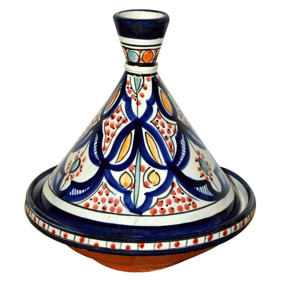 Moroccan Handmade Serving Tagine Ceramic With colors Original 8 inches Across White & Blue