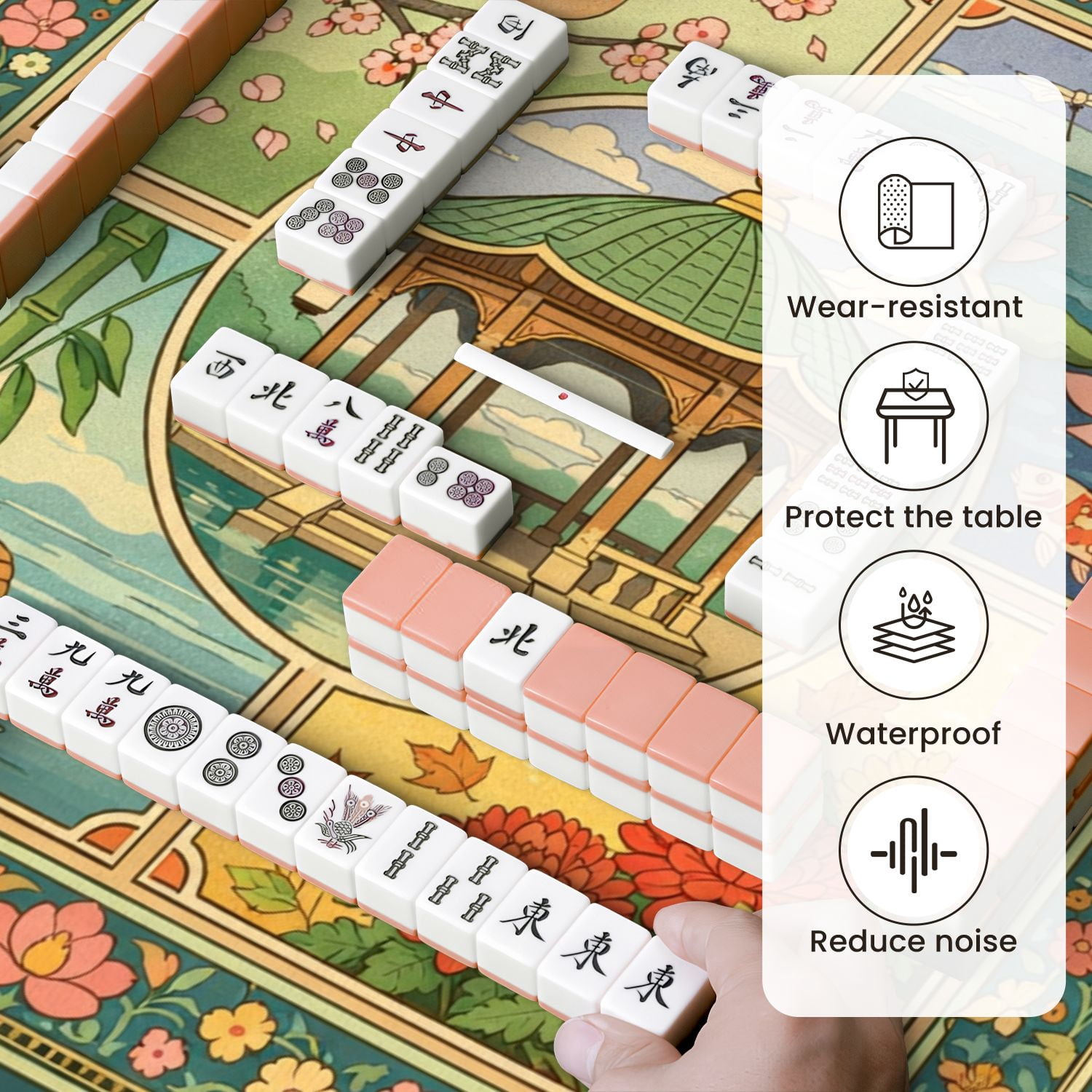 Mahjong Mat 31.5" x 31.5" Four Season Nature Birds Flowers Bamboo Lotus Vibrant Colors Non-Slip Noise Reduction Mahjong Tiles Table Cover for Dominoes Poker Card Board and Tile Games