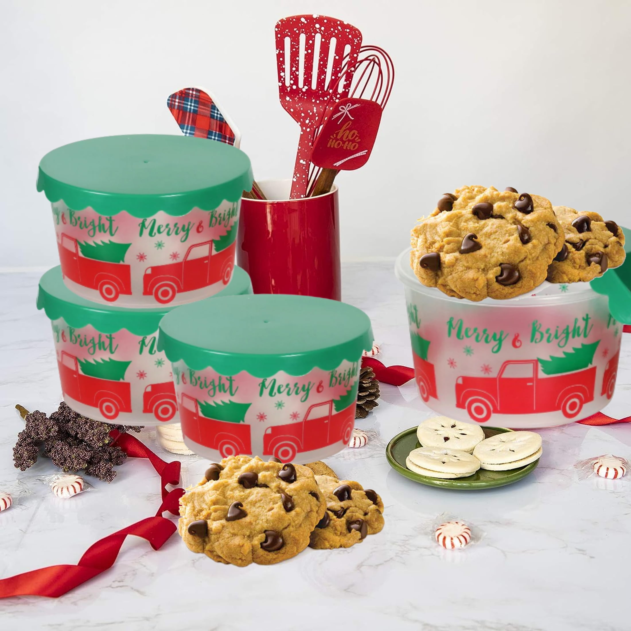 Christmas Containers for Holiday Cookies Candy and Treats with Lids-Light  weight and Stackable Bundle of 2 Plastic Jars